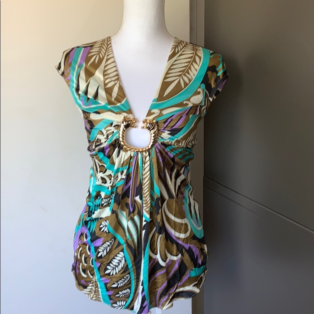 Sky 100% Silk Top with Tiger Gold Hardware
